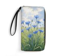 KLJHNVBM Geldbörse aus PU-Leder für Damen und Herren, blaue Kornblumen, Clutch, kleine Geldbörse mit Kartenfächern für Reisen