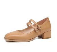 Klobige Absätze für Damen, niedrige Blockabsätze, geschlossene Zehen, Mary-Jane-Schuhe, Bequeme Pumps für Kleid, Büro, Kirche, mit doppelten Knöchelriemen,Braun,42