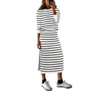 KLWCJFFF 2-teiliges Damen-Outfit, gestreifter Pullover, Rock, Set, Herbst, lässig, langärmelig, Pullover, Top, Lounge, Reisen, Midi-Kleid, Schwarz Weiß, XL