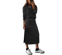 KLWCJFFF 2-teiliges Damen-Outfit, gestreifter Pullover, Rock, Set, Herbst, lässig, langärmelig, Pullover, Top, Lounge, Reisen, Midi-Kleid, Schwarz, XL