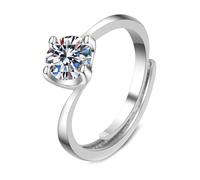 KnBoB Mode Ring Damen 9 Karat 375 Weiß Gold Elegant Welle 4 Zacken 1ct 6mm Verstellbar Rund Labor Diamant Trauringe Gr.52 (16.6)