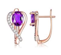 KnBoB Ohrringe Schmuck Damen 14K Rotgold 585 Herz Lila Rund Amethyst mit Moissanit Echtgold Creolen Edelstein