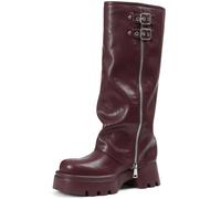 Kniehohe Stiefel für Damen, klobige Plateau-Sohle, bequem, Leder, runde Zehenpartie, Gothic, Moto-Kampfkleid, Stiefel für Damen, Weinrot, 39 EU