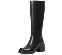 Kniehohe Stiefel für Damen, Kunstleder, Plateau, klobiger quadratischer Zehenbereich, seitlicher Reißverschluss, weite Wade, lange hohe Stiefel für Damen, Schwarz, 38.5 EU