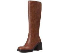 Kniehohe Stiefel für Damen, Kunstleder, Plateau, klobiger quadratischer Zehenbereich, seitlicher Reißverschluss, weite Wade, lange hohe Stiefel für Damen, Braun, 37.5 EU