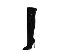 Kniehohe Stretch-Stiefel mit 4,3 Zoll Stilettoabsatz für Damen, Sexy High Heel-Stiefel mit geschlossener Zehenpartie, Modische Winterstiefeletten mit Absatz,Schwarz,36 EU