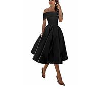Knielang Festliches Cocktailkleid,Einschultriger Dreiviertelrock aus Satin in A-Linie,Black,US12,Kurz Slim Abend Brautkleid Ballkleid