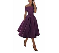 Knielang Festliches Cocktailkleid,Einschultriger Dreiviertelrock aus Satin in A-Linie,Grape Purple,US16w,Kurz Slim Abend Brautkleid Ballkleid