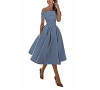 Knielang Festliches Cocktailkleid,Einschultriger Dreiviertelrock aus Satin in A-Linie,Gray Blue,US18w,Kurz Slim Abend Brautkleid Ballkleid
