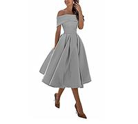 Knielang Festliches Cocktailkleid,Einschultriger Dreiviertelrock aus Satin in A-Linie,Grey G,US8,Kurz Slim Abend Brautkleid Ballkleid
