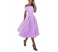 Knielang Festliches Cocktailkleid,Einschultriger Dreiviertelrock aus Satin in A-Linie,Lilac,US2,Kurz Slim Abend Brautkleid Ballkleid