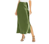 Knielanges Damen Damenrock mit hoher Taille, einfarbig, Satin-Kleid, elastische Taille, eleganter Rock Wärmflasche (Army Green, M)