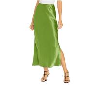 Knielanges Damen Damenrock mit hoher Taille, einfarbig, Satin-Kleid, elastische Taille, eleganter Rock Wärmflasche (Green, M)