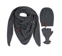KNIT FACTORY - Damen Winter Set - Coco Dreiecksschal, Coco & Cleo Handstulpen - Winterschal, Wintermütze und Handschuhe - Gefertigt aus 30% Wolle und 70% Polyacryl - Anthrazit