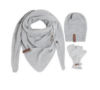 KNIT FACTORY - Damen Winter Set - Coco Dreiecksschal, Coco & Cleo Handstulpen - Winterschal, Wintermütze und Handschuhe - Gefertigt aus 30% Wolle und 70% Polyacryl - Grau