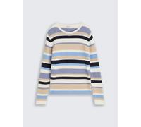 Strickpullover TOM TAILOR "Regular", Damen, Gr. S, bunt (navy blau beige stripe), Strick, Obermaterial: 100% Baumwolle, unifarben, regular fit hüftbedeckend, Rundhals, Rollkante, Pullover Strickpullov
