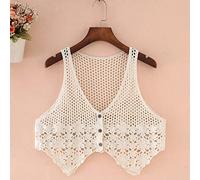 Knitted Waistcoats,Womens Flower Crochet Vest Vintage White V-Neck Hollow Geometric Irregular Hem Sleeveless Open Front Button Short Vest Shawl Cardigan Knit Boho Hippie Gilet Blouse Summer Bikini C