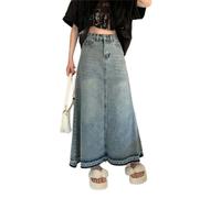 Knöchellanger Maxi-Jeansrock für Damen, modisch, elegant, Kontrastquaste, A-Linie, hohe Taille, Langer Jeansrock, weiblich, Blau, L