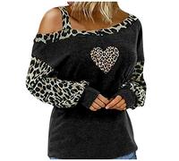 Knoten Vorne T-Shirt Schulterfrei Oberteil, Langarm T-Shirt mit Frauen Off Shoulder Leopard Stitching, Damen Asymmetrisch Sweatshirt fur Business Street Wear Party Strand Lose Tops (Schwarz, L)