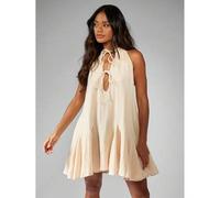 Knotenfront Mini-Kleid aus Musselin, Sommer Strand Boho Trägerkleid, ärmelloser luftiger fließender Festival-/Urlaubskleidung für den Strand