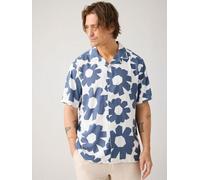 KnowledgeCotton Apparel Lockeres Kurzarmhemd mit Print aus Ecovero und Bio-Leinen blau-blue XL