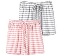 Knuffnee Damen Schlafanzughose Kurz Weiche Pyjama Shorts Pyjamahose mit Taschen und Kordelzug 2er Pack Grau Streifen/Rosa Streifen XL
