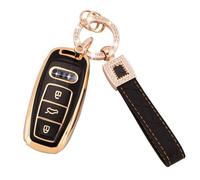Koaudb Autoschlüssel Hülle für Audi A6 A6L A7 A8 A8L Q7 Q8 S6 S7 SQ7 SQ8 RS6 RS7 E-Tron Schlüsselhülle Soft TPU Schlüsselkoffer Schalen 3 Knöpfe mit Leder-Schlüsselanhänger Schwarz Gold (BP-Ad-3L)