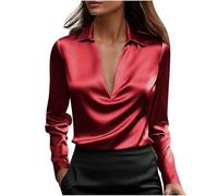 KODMNSW Bluse Damen Elegant Stretch Satin Seide V-Ausschnitt Hemdbluse Langarm Business Oberteile Festliche Blusen Seidig Shirt Arbeitshemd Lässiges Langarmshirt Satinbluse Damenbluse Wein M