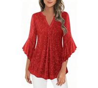 KODMNSW Bluse Damen Glitzer Oberteile 3/4 Arm Große Größen Elegant Tunika mit Rüschenärmel V-Ausschnitt Modern Festliche Kleidung Glitzeroberteil Damenblusen für Party Disco Faschings