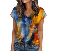 KODMNSW Bluse Damen Kurzarm Satinbluse Sommer Elegant Oberteile mit Aufdruck Festliche Top V-Ausschnitt Modische Kurzarmshirt Seidig Shirt Business Hemdbluse Frauen Tunika Blusenshirt Orange L