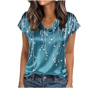 KODMNSW Bluse Damen Kurzarm Satinbluse Sommer Elegant Oberteile mit Aufdruck Festliche Top V-Ausschnitt Modische Kurzarmshirt Seidig Shirt Business Hemdbluse Frauen Tunika Blusenshirt Hellblau XXL