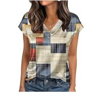 KODMNSW Bluse Damen Kurzarm Satinbluse Sommer Elegant Oberteile mit Aufdruck Festliche Top V-Ausschnitt Modische Kurzarmshirt Seidig Shirt Business Hemdbluse Frauen Tunika Blusenshirt Khaki L