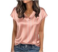 KODMNSW Bluse Damen Kurzarm Satinbluse Sommer Elegant Oberteile mit Aufdruck Festliche Top V-Ausschnitt Modische Kurzarmshirt Seidig Shirt Business Hemdbluse Frauen Tunika Blusenshirt Rosa XL