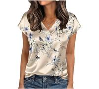 KODMNSW Bluse Damen Kurzarm Satinbluse Sommer Elegant Oberteile mit Aufdruck Festliche Top V-Ausschnitt Modische Kurzarmshirt Seidig Shirt Business Hemdbluse Frauen Tunika Blusenshirt Khaki 5XL