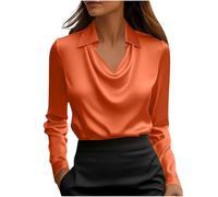 KODMNSW Blusen Damen Satin Bluse Elegante Oberteile Langarm Shirts Festliche Blusen Elegant Seidig Shirt Hemdbluse Arbeitshemd Seiden Business Blusenshirt Lässiges Langarmshirt Orange XL