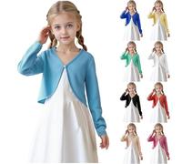 KODMNSW Bolero Mädchen EIN-Knopf-Schal Jacke Cardigan Offener Vorderseite Strickjacke Strick-Bolero mit Langen Ärmel Leichte Jacke Einfarbig Casual Feinstrickjacke Jäckchen für Kinder Blau 8 Jahre
