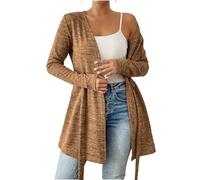 KODMNSW Cardigan Damen Lang Langarm Strickjacke mit Verband Locker Casual übergangsjacke Leichte Strickjacken Weich Feinstrickjacke Strickmantel Damenstrickjacke Dünnejacke Braun XXL