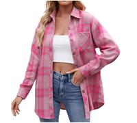 KODMNSW Damen Karierte Bluse Hemdbluse Oktoberfest Trachtenbluse HolzfäLlerhemd Casual Hemdjacke Hemdcardigan mit Knöpfen Karohemd Freizeithemd Trachtenhemd Übergangsjacke S-XXL Knalliges Pink XL
