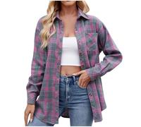 KODMNSW Damen Karierte Bluse Hemdbluse Oktoberfest Trachtenbluse HolzfäLlerhemd Locker Casual Hemdjacke Hemdcardigan mit Knöpfen Karohemd Freizeithemd Trachtenhemd Übergangsjacke S-XXL Lila L