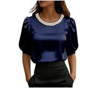 KODMNSW Damen Satin Bluse Kurzarm Elegant Oberteile Sommer Tshirts mit Perlen Blusenshirt Seiden T-Shirt Festliche Top Seidig Shirt Business Hemdbluse Modische Kurzarmshirt Satinbluse Marine XXL
