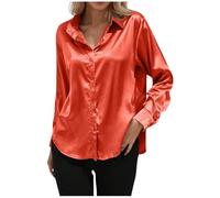 KODMNSW Damen Satin Bluse V-Ausschnitt Button-down Blusen Langarm Elegant Shirts Festliche Hemdbluse Chiffon Hemd Seiden Business Blusenshirt Lässiges Satinbluse Langarmshirt Orange XXL