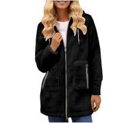 KODMNSW Fleecejacke Damen Teddyjacke Warme Winterjacke mit Kapuze Teddyfleece Jacke Einfarbig Hoodie Flauschig Kuscheljacke Elegant Kapuzenpullover Übergangsjacke Winter Jacket for Women Schwarz M
