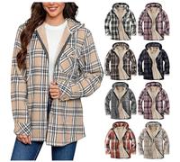 KODMNSW Fleecejacke Damen Teddyjacke Winterjacke Fleece Warm Kapuzenjacke Karierte Retro Teddyfleece Jacke Wollmantel Fleecemantel Dufflecoat Teddyfleece Jacke Wintermantel Plüschjacke Khaki XL