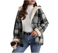 KODMNSW Fleecejacke Damen Winterjacke Teddyjacke Retro Fleecemantel Warm Kapuzenjacke Teddyfleece Jacke Wollmantel Dufflecoat Wintermantel Fleecepullover Wollmantel Karierte Jacke Grau XL