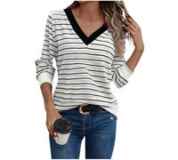 KODMNSW Gestreiftes Langarmshirt Damen Lässiges Pullover Basic Streifen Tshirt V-Ausschnitt Elegante Oberteile Casual Longsleeve Top Frau Oberteil Klassischer Ringelshirt Schwarz XXL