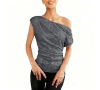 KODMNSW Glitzer Oberteile Damen One-Shoulder Asymmetrisch Pailletten Tank Top Elegant Glitzerbluse Glänzendes Bluse Y2K Fashion Tunika Party Club Disco Festliche Freizeit Glitzeroberteil Grau S