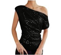 KODMNSW Glitzer Oberteile Damen One-Shoulder Asymmetrisch Pailletten Tank Top Elegant Glitzerbluse Glänzendes Bluse Y2K Fashion Tunika Party Club Disco Festliche Freizeit Glitzeroberteil Schwarz M