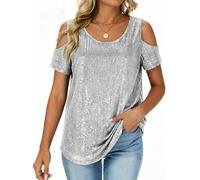 KODMNSW Glitzer Oberteile Damen Pailletten Oberteil Schulterfreies Metallic Top Elegant Festliche Bluse Freizeit Glitzeroberteil Disco Party Club Tshirt 70er Jahre Outfit Faschings Kostüm Weiß L