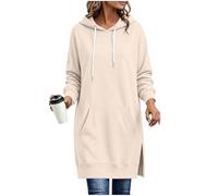 KODMNSW Hoodie Damen Oversize Sweatshirt mit Kapuze Modische Kapuzenpullover Sweatkleid mit Schlitz Elegante Bekleidung Langer Casual Pullover mit Tasche Herbst Winter Frauen Tops Khaki XL