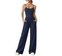 KODMNSW Jumpsuit Damen Elegant Sommer Overall Slim Fit Weites Bein Lang Hosenanzug mit Tasche Spaghettiträger Onesie Outfits Ärmellos Playsuit Mode Einteiler Frauen Romper Blau L